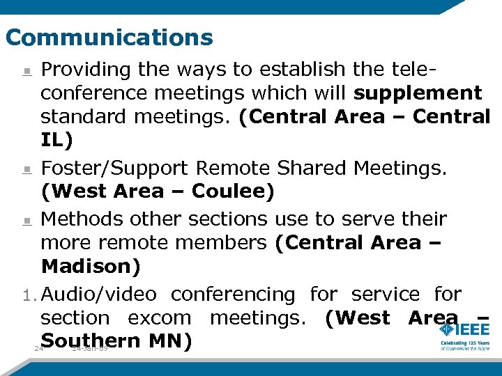 Communications Providing the ways to establish the teleconference meetings which will supplement standard meetings.