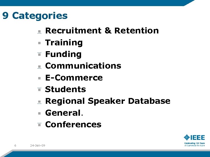 9 Categories Recruitment & Retention Training Funding Communications E-Commerce Students Regional Speaker Database General.