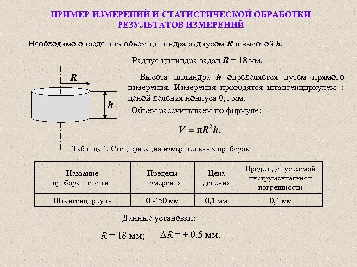 ПРИМЕР ИЗМЕРЕНИЙ И СТАТИСТИЧЕСКОЙ ОБРАБОТКИ РЕЗУЛЬТАТОВ ИЗМЕРЕНИЙ Необходимо определить объем цилиндра радиусом R и