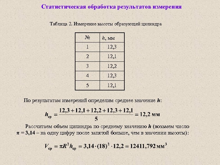 Статистическая обработка результатов измерения Таблица 2. Измерение высоты образующей цилиндра № h, мм 1