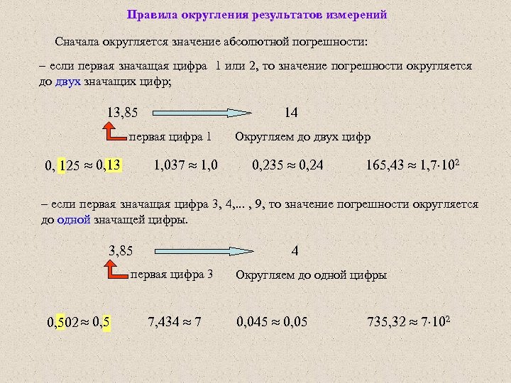 Правила округления результатов измерений Сначала округляется значение абсолютной погрешности: – если первая значащая цифра