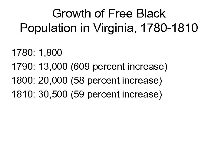 Growth of Free Black Population in Virginia, 1780 -1810 1780: 1, 800 1790: 13,
