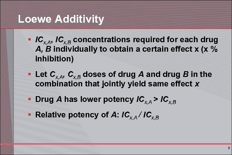 Loewe Additivity § ICx, A, ICx, B concentrations required for each drug A, B