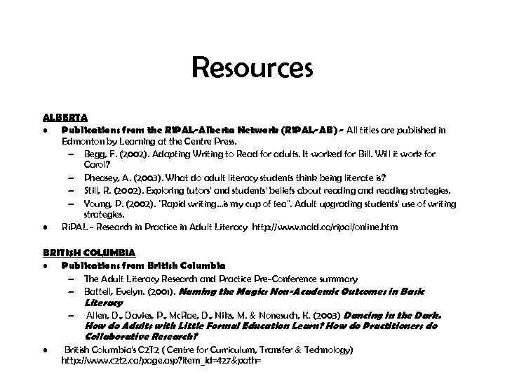 Resources ALBERTA • Publications from the Ri. PAL-Alberta Network (Ri. PAL-AB) - All titles