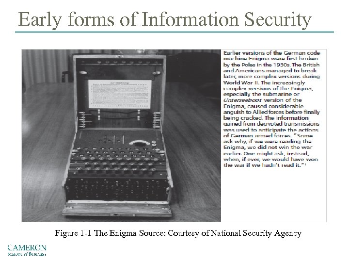 Early forms of Information Security Figure 1 -1 The Enigma Source: Courtesy of National