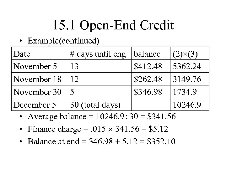 15. 1 Open-End Credit • Example(continued) Date # days until chg balance (2) (3)