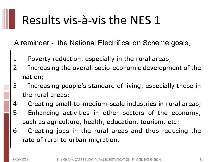 Results vis-à-vis the NES 1 A reminder - the National Electrification Scheme goals; 1.