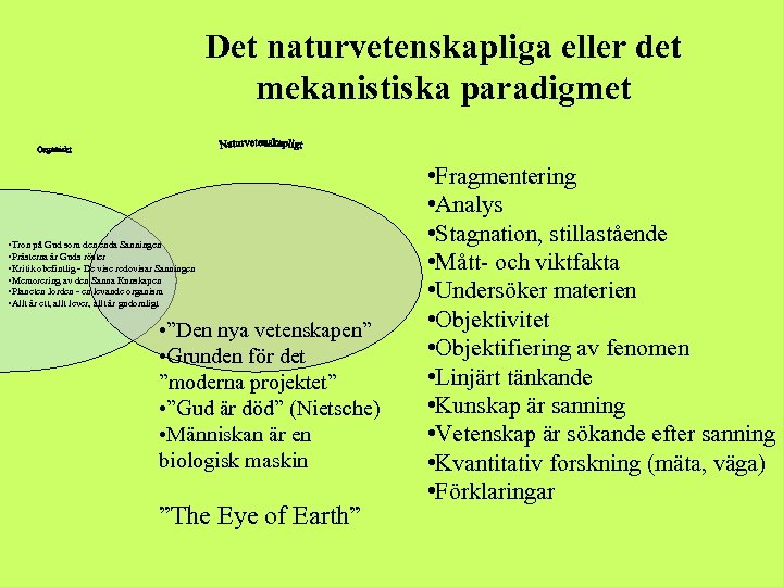 Det naturvetenskapliga eller det mekanistiska paradigmet • Tron på Gud som den enda Sanningen