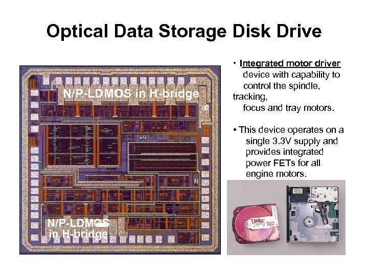 Optical Data Storage Disk Drive N/P-LDMOS in H-bridge • Integrated motor driver device with