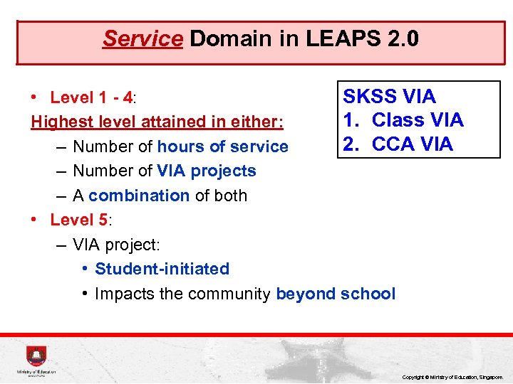 Service Domain in LEAPS 2. 0 • Level 1 - 4: SKSS VIA 1.