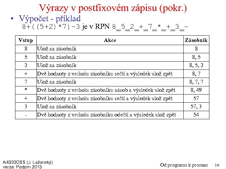 Výrazy v postfixovém zápisu (pokr. ) • Výpočet - příklad 8+((5+2)*7)− 3 je v