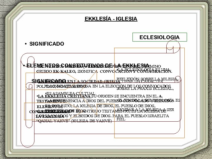 EKKLESÍA - IGLESIA ECLESIOLOGIA • SIGNIFICADO • ELEMENTOS CONSTITUTIVOS DE LA EKKLESIA: • LA