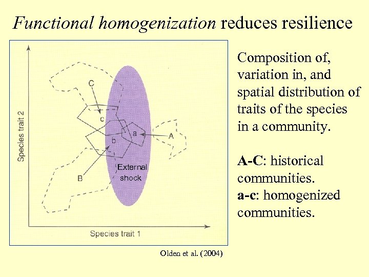Functional homogenization reduces resilience Composition of, variation in, and spatial distribution of traits of