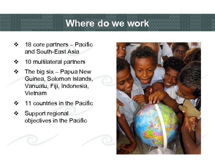 Where do we work v 18 core partners – Pacific and South-East Asia v