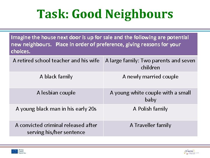 Task: Good Neighbours Imagine the house next door is up for sale and the