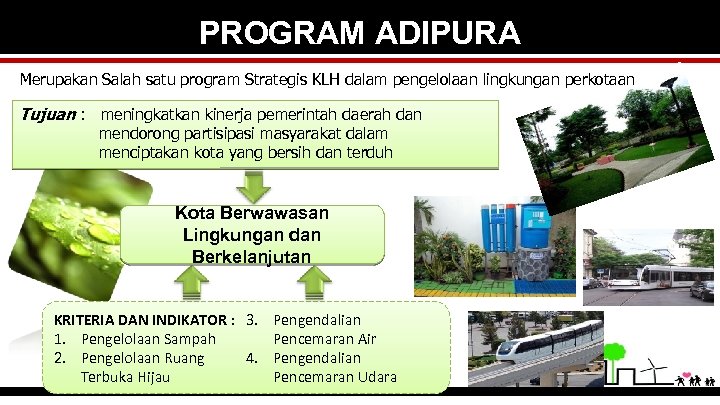 PROGRAM ADIPURA Merupakan Salah satu program Strategis KLH dalam pengelolaan lingkungan perkotaan Tujuan :