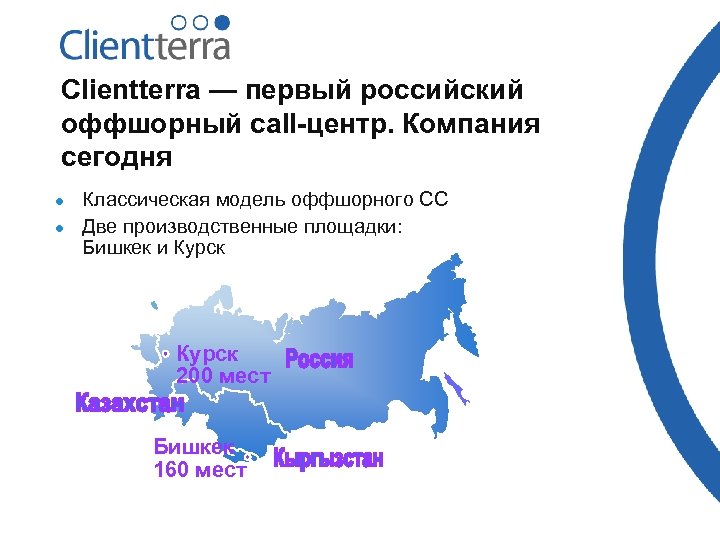 Clientterra — первый российский оффшорный call-центр. Компания сегодня l l Классическая модель оффшорного СС