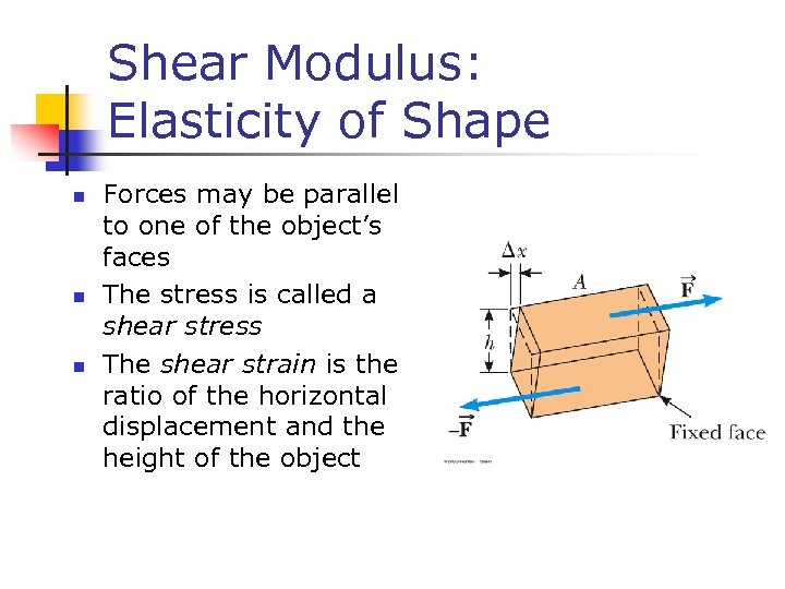 Shear Modulus: Elasticity of Shape n n n Forces may be parallel to one