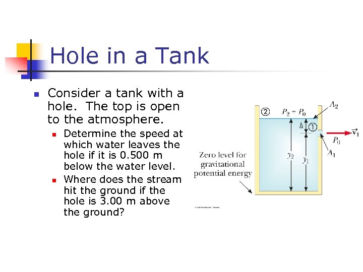 Hole in a Tank n Consider a tank with a hole. The top is