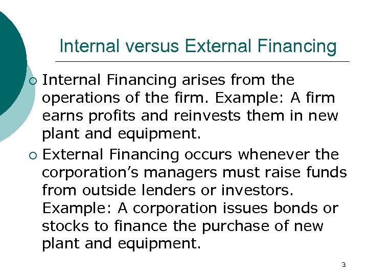Internal versus External Financing Internal Financing arises from the operations of the firm. Example:
