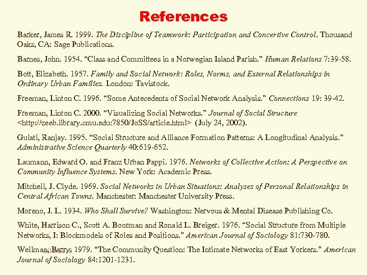 References Barker, James R. 1999. The Discipline of Teamwork: Participation and Concertive Control. Thousand