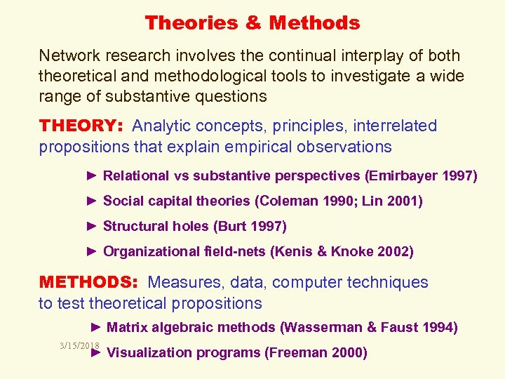 Theories & Methods Network research involves the continual interplay of both theoretical and methodological