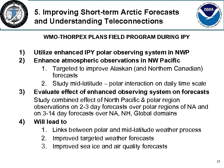 5. Improving Short-term Arctic Forecasts and Understanding Teleconnections WMO-THORPEX PLANS FIELD PROGRAM DURING IPY