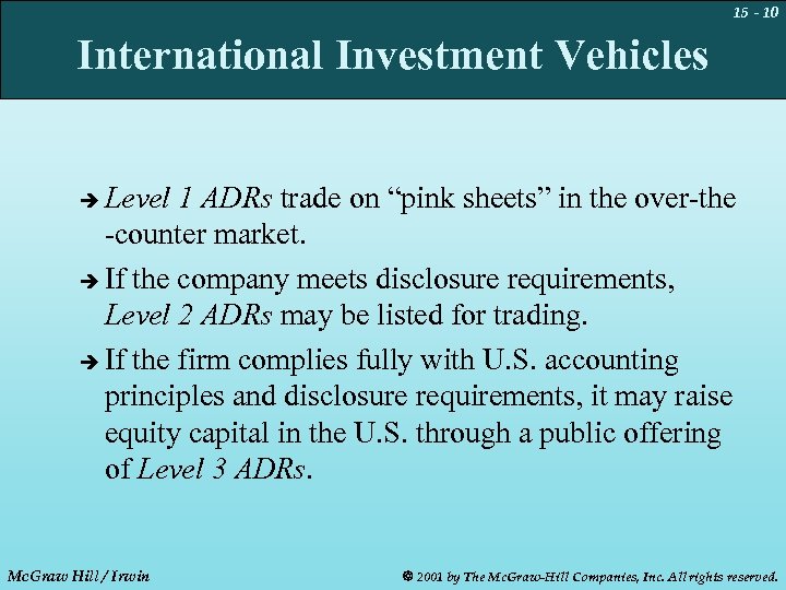 15 - 10 International Investment Vehicles Level 1 ADRs trade on “pink sheets” in