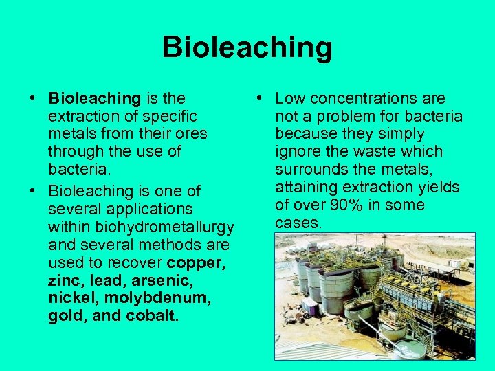 Bioleaching • Bioleaching is the extraction of specific metals from their ores through the
