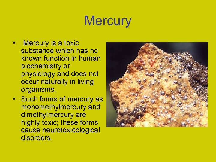 Mercury • Mercury is a toxic substance which has no known function in human