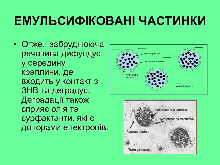 ЕМУЛЬСИФІКОВАНІ ЧАСТИНКИ • Отже, забруднююча речовина дифундує у середину краплини, де входить у контакт