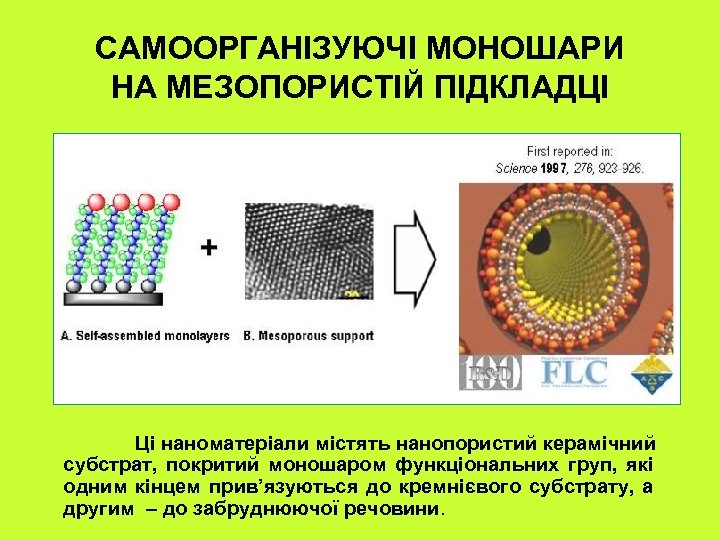 САМООРГАНІЗУЮЧІ МОНОШАРИ НА МЕЗОПОРИСТІЙ ПІДКЛАДЦІ Ці наноматеріали містять нанопористий керамічний субстрат, покритий моношаром функціональних
