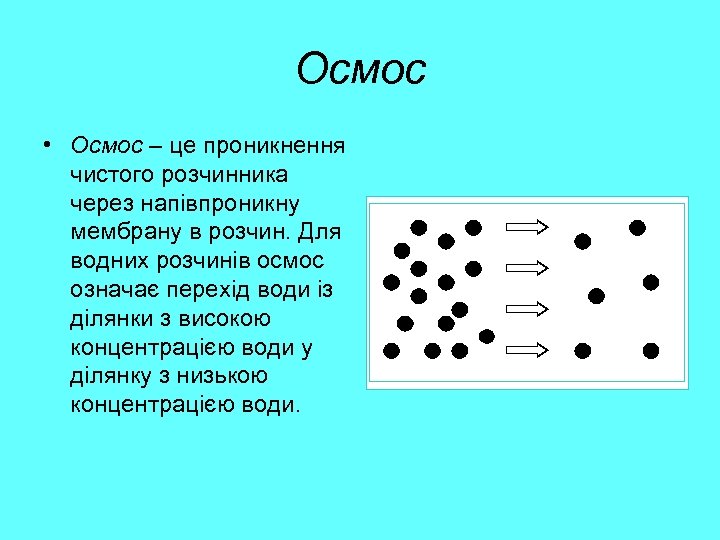 Осмос • Осмос – це проникнення чистого розчинника через напівпроникну мембрану в розчин. Для