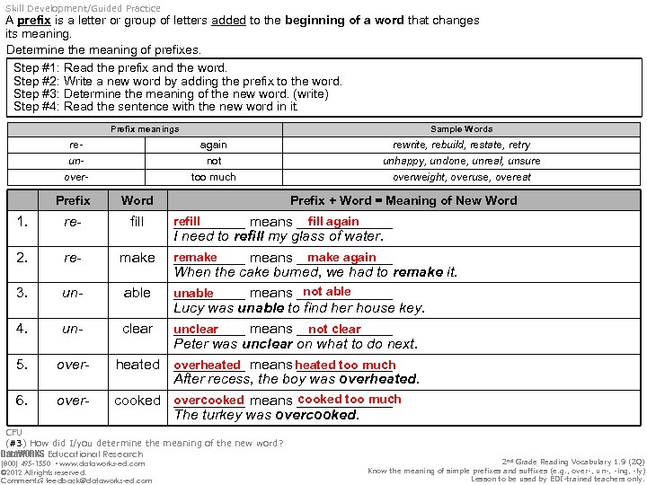 Skill Development/Guided Practice A prefix is a letter or group of letters added to