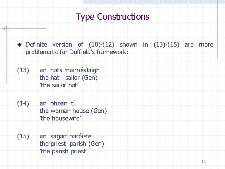 Type Constructions Definite version of (10)-(12) shown in (13)-(15) are more problematic for Duffield's