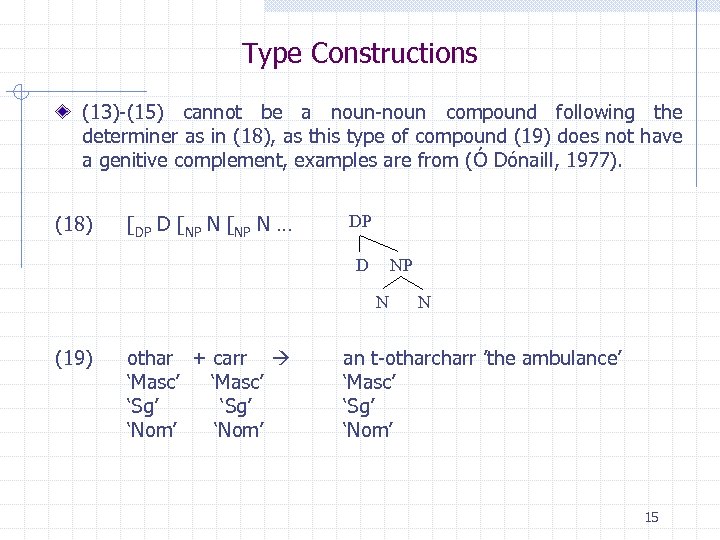 Type Constructions (13)-(15) cannot be a noun-noun compound following the determiner as in (18),