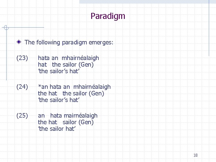 Paradigm The following paradigm emerges: (23) hata an mhairnéalaigh hat the sailor (Gen) ’the