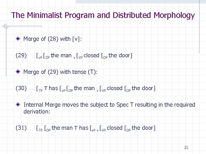The Minimalist Program and Distributed Morphology Merge of (28) with [v]: (29) [v. P