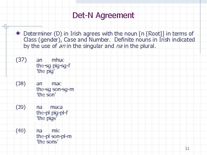 Det-N Agreement Determiner (D) in Irish agrees with the noun [n [Root]] in terms