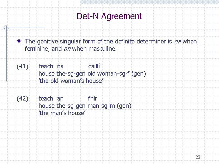 Det-N Agreement The genitive singular form of the definite determiner is na when feminine,