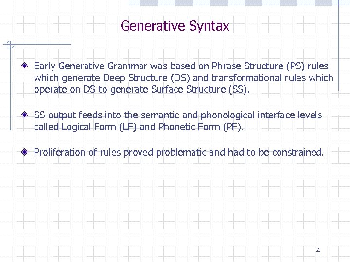 Generative Syntax Early Generative Grammar was based on Phrase Structure (PS) rules which generate
