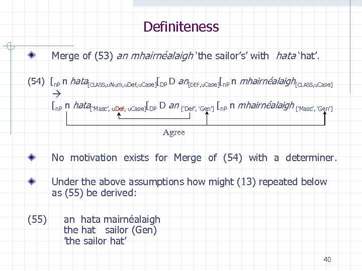 Definiteness Merge of (53) an mhairnéalaigh ‘the sailor’s’ with hata ‘hat’. (54) [n. P