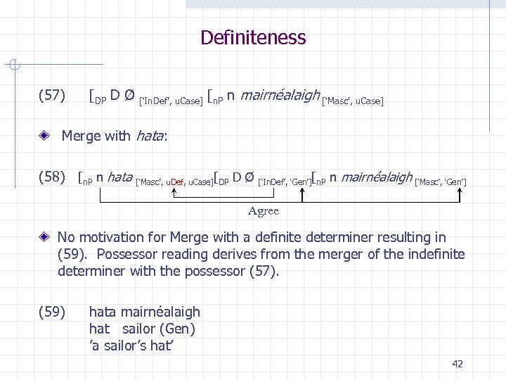 Definiteness (57) [DP D Ø [‘In. Def’, u. Case] [n. P n mairnéalaigh [‘Masc’,