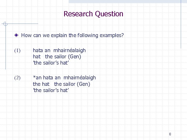 Research Question How can we explain the following examples? (1) hata an mhairnéalaigh hat