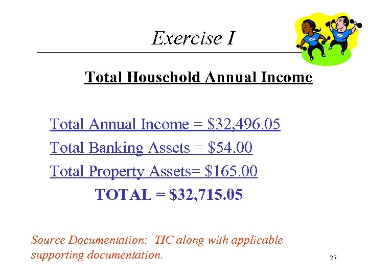 Exercise I Total Household Annual Income Total Annual Income = $32, 496. 05 Total