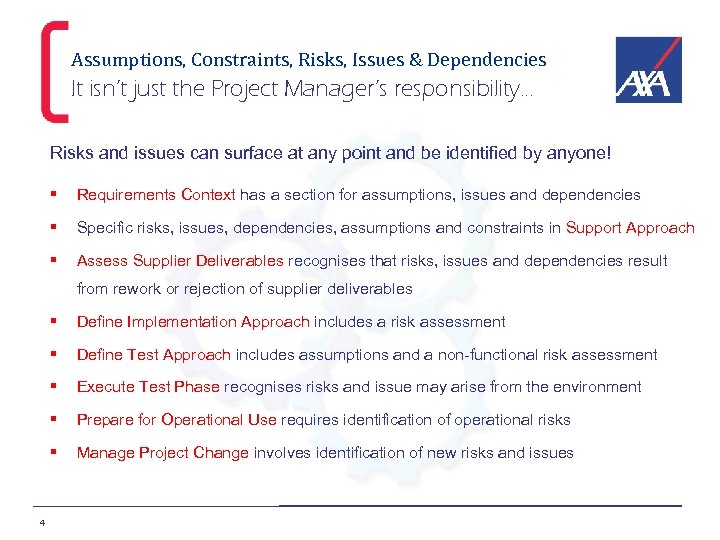 Assumptions, Constraints, Risks, Issues & Dependencies It isn’t just the Project Manager’s responsibility… Risks