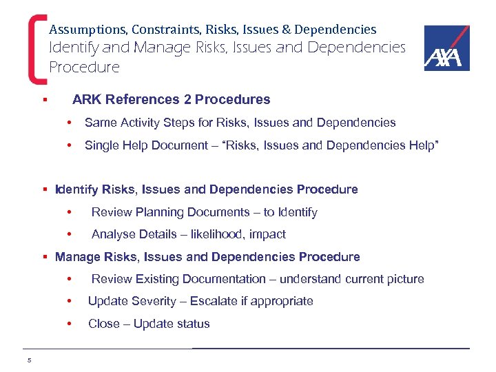 Assumptions, Constraints, Risks, Issues & Dependencies Identify and Manage Risks, Issues and Dependencies Procedure