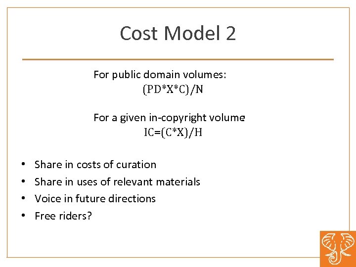 Cost Model 2 For public domain volumes: (PD*X*C)/N For a given in copyright volume