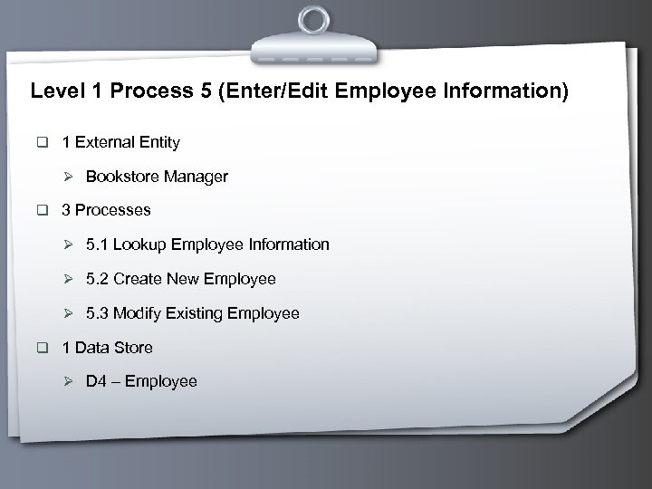 Level 1 Process 5 (Enter/Edit Employee Information) q 1 External Entity Ø Bookstore Manager