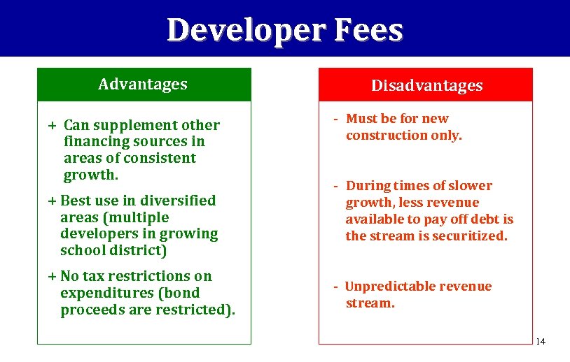 Developer Fees Advantages + Can supplement other financing sources in areas of consistent growth.
